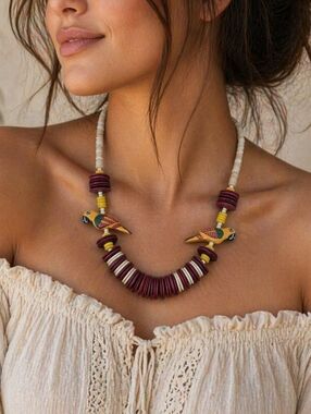 Vintage 70s 80s Tiki Parrot Necklace Boho Statement Heishi Shell Wood 11” Drop